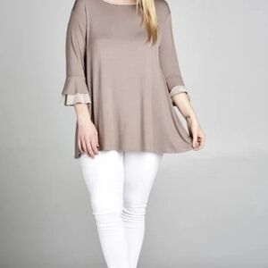 Emerald 2X Taupe Swing Tunic with Striped Bell Sleeves